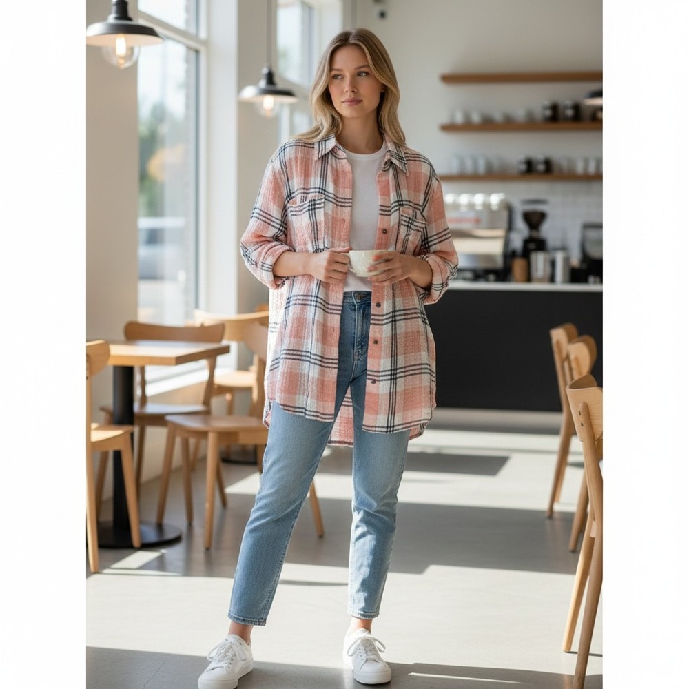 KUT from the Kloth Peach Plaid Snap Front Shirt Womens Medium Cottagecore Boho